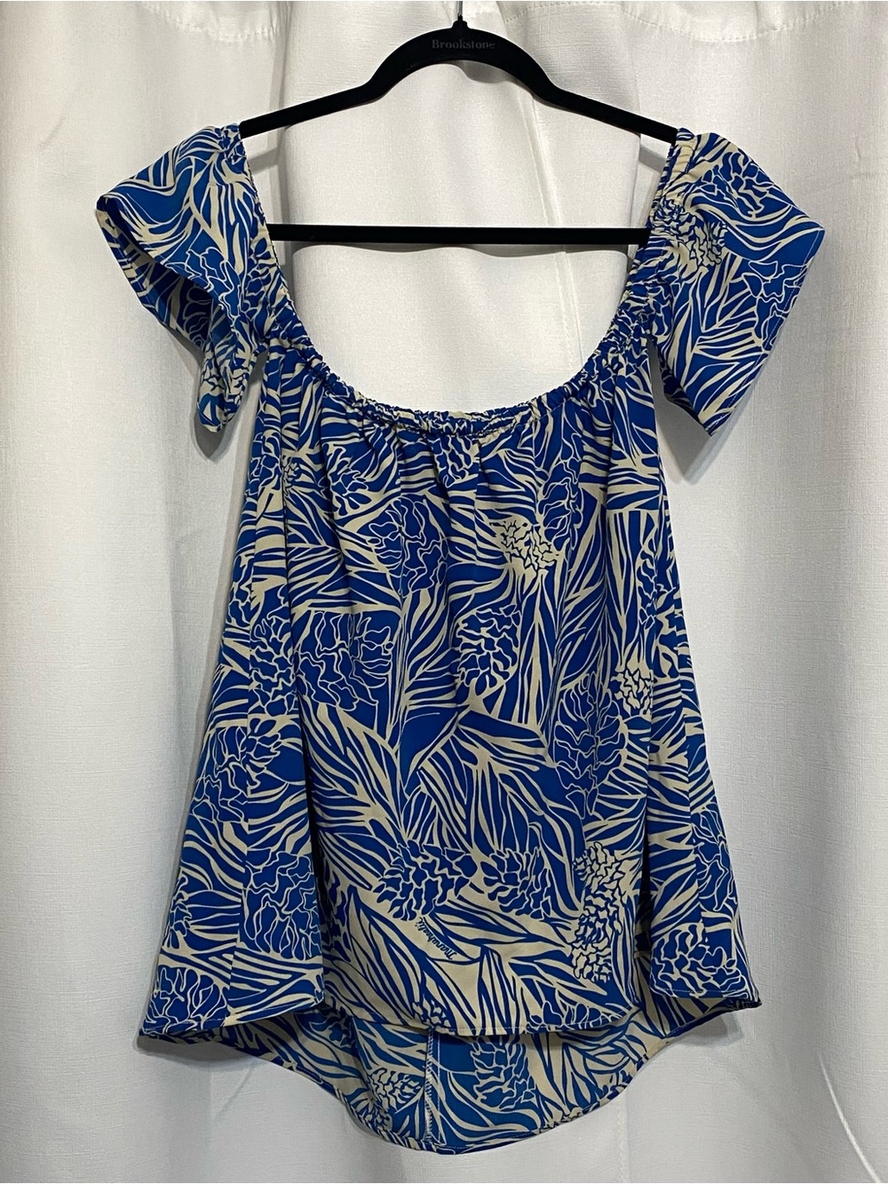 Manuhealii Womens XS Hawaiian Torch Ginger Print Blue Beige Top Small Cap Sleeve